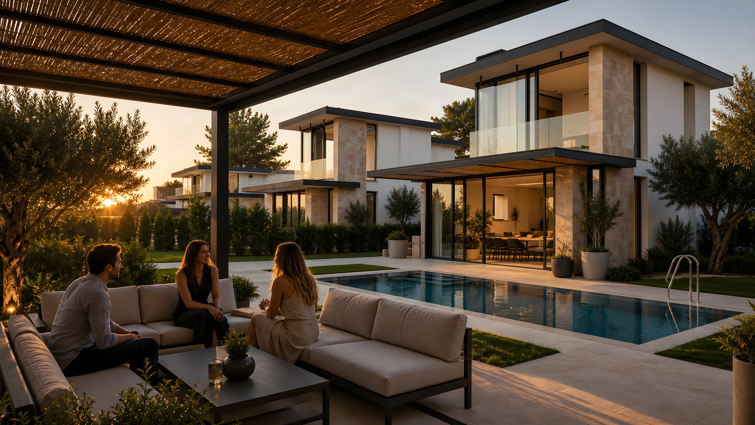 GreenGo Göcek gün batımında havuz kenarı veranda ve villa cephesi