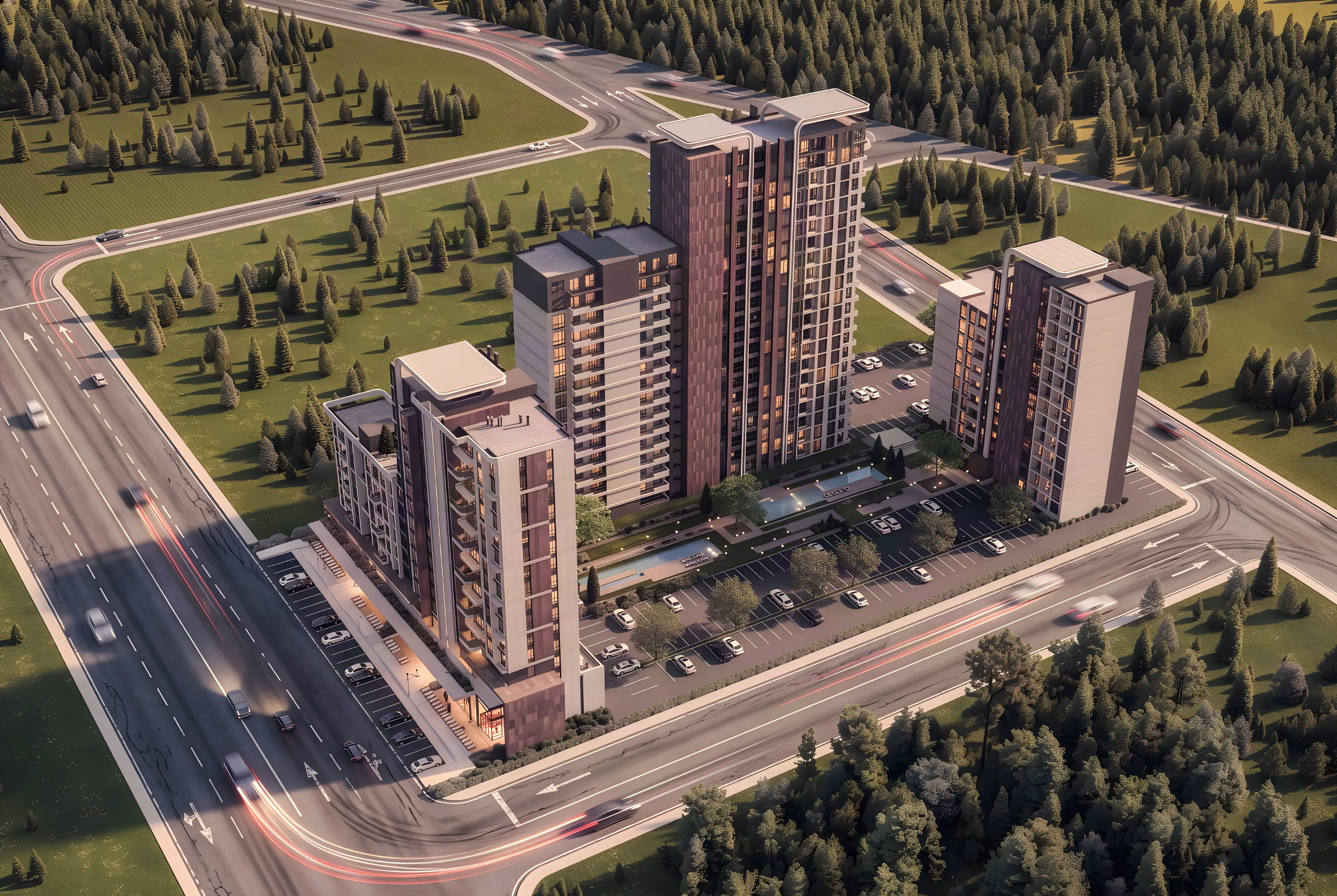 Motto Prive Yaşamkent peyzajlı avlu, yüzme havuzu ve otopark düzeni — havadan görünüm