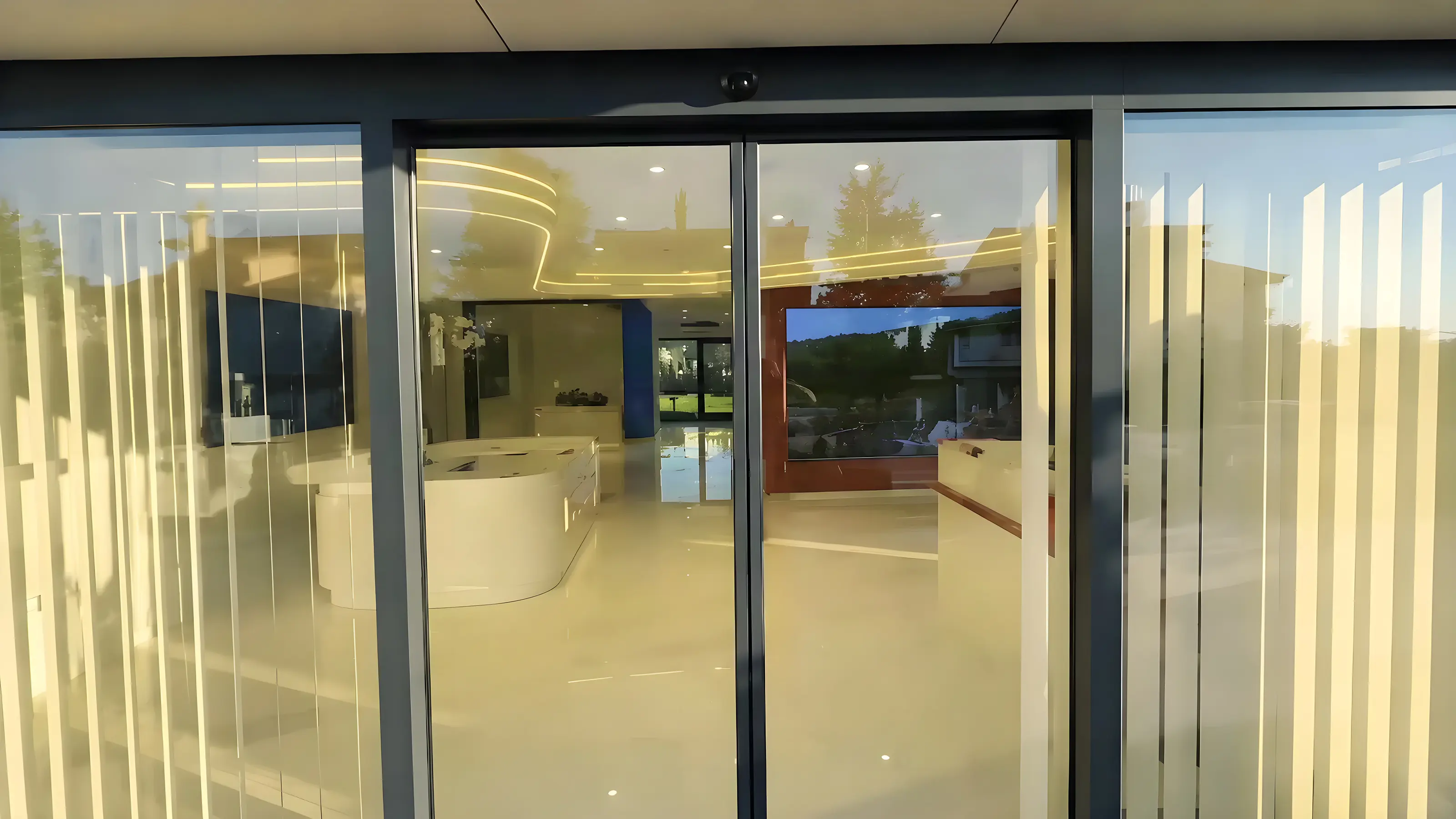 Showroom-Eingang gespiegelt in den gleitenden Glastüren